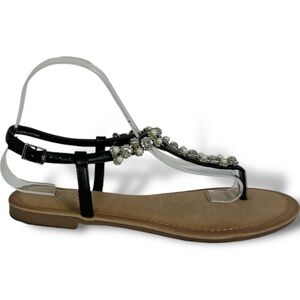 GC Shoes Layla‎ Black Leather Thong Ankle Strap Sandals Womens Size 9.5 Jewelled